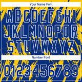 Custom Gold Royal-White Splatter Torn Sharp Brush Stroke Two-Button Unisex Softball Jersey
