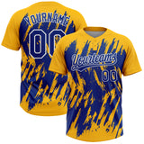Custom Gold Royal-White Splatter Torn Sharp Brush Stroke Two-Button Unisex Softball Jersey