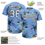 Custom Light Blue White-Black Tropical Hawaii Palm Trees And Flamingo Two-Button Unisex Softball Jersey