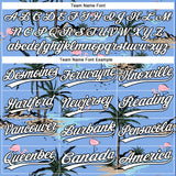 Custom Light Blue White-Black Tropical Hawaii Palm Trees And Flamingo Two-Button Unisex Softball Jersey