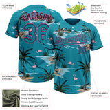 Custom Teal Black-Pink Tropical Hawaii Palm Trees And Flamingo Two-Button Unisex Softball Jersey