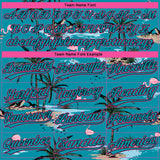 Custom Teal Black-Pink Tropical Hawaii Palm Trees And Flamingo Two-Button Unisex Softball Jersey