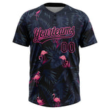 Custom Black Pink Tropical Hawaii Palm Leaves And Flamingo Two-Button Unisex Softball Jersey