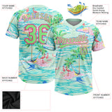 Custom Lakes Blue Pea Green-Pink Beach Hawaii Palm Trees And Flamingo Two-Button Unisex Softball Jersey