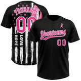Custom Black Pink-White American Flag With Pink Ribbon Breast Cancer Awareness Month Women Health Care Support Two-Button Unisex Softball Jersey