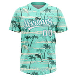 Custom Teal White Hawaii Palm Trees And Dolphin Two-Button Unisex Softball Jersey