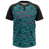 Custom Teal Black-Pink Raglan Sleeves Distressed Fragment Brush Stroke Two-Button Unisex Softball Jersey
