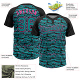 Custom Teal Black-Pink Raglan Sleeves Distressed Fragment Brush Stroke Two-Button Unisex Softball Jersey