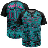 Custom Teal Black-Pink Raglan Sleeves Distressed Fragment Brush Stroke Two-Button Unisex Softball Jersey