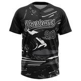Custom Black Steel Gray-White Raglan Sleeves Abstract Fluid Marble Two-Button Unisex Softball Jersey