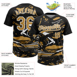 Custom Black Old Gold-White Raglan Sleeves Abstract Fluid Marble Two-Button Unisex Softball Jersey