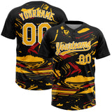 Custom Black Gold Red-White Raglan Sleeves Abstract Fluid Marble Two-Button Unisex Softball Jersey