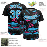 Custom Black Sky Blue Pink-White Raglan Sleeves Abstract Fluid Marble Two-Button Unisex Softball Jersey