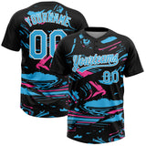 Custom Black Sky Blue Pink-White Raglan Sleeves Abstract Fluid Marble Two-Button Unisex Softball Jersey