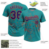 Custom Teal Royal-Orange Abstract Shattered Paint Splatter Two-Button Unisex Softball Jersey