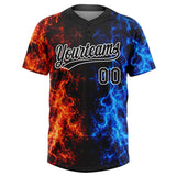 Custom Black Royal Red-White Fire Flame 3D Pattern Two-Button Unisex Softball Jersey