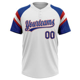 Custom White Royal-Red Raglan Sleeves Stripes Two-Button Unisex Softball Jersey