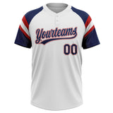 Custom White Navy-Red Raglan Sleeves Stripes Two-Button Unisex Softball Jersey