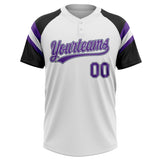 Custom White Purple-Black Raglan Sleeves Stripes Two-Button Unisex Softball Jersey
