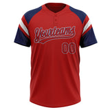 Custom Red Navy-White Raglan Sleeves Stripes Two-Button Unisex Softball Jersey