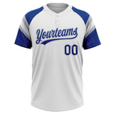 Custom White Royal-Gray Raglan Sleeves Stripes Two-Button Unisex Softball Jersey