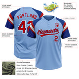 Custom Light Blue Red Royal-White Raglan Sleeves Stripes Two-Button Unisex Softball Jersey