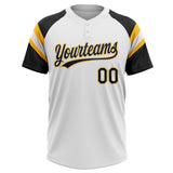 Custom White Black-Gold Raglan Sleeves Stripes Two-Button Unisex Softball Jersey