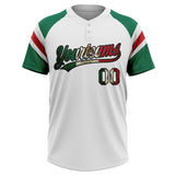 Custom White Vintage Mexican Flag Kelly Green Black-Red Raglan Sleeves Stripes Two-Button Unisex Softball Jersey