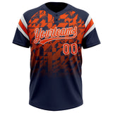 Custom Navy Orange-White Gradient Geometric Grid Sleeve Stripes Two-Button Unisex Softball Jersey