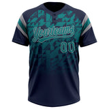 Custom Navy Teal-Gray Gradient Geometric Grid Sleeve Stripes Two-Button Unisex Softball Jersey
