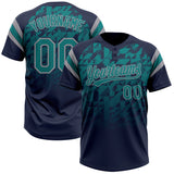 Custom Navy Teal-Gray Gradient Geometric Grid Sleeve Stripes Two-Button Unisex Softball Jersey
