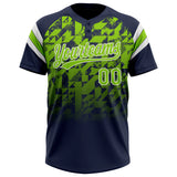 Custom Navy Neon Green-White Gradient Geometric Grid Sleeve Stripes Two-Button Unisex Softball Jersey