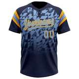 Custom Navy Light Blue-Gold Gradient Geometric Grid Sleeve Stripes Two-Button Unisex Softball Jersey