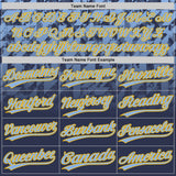 Custom Navy Light Blue-Gold Gradient Geometric Grid Sleeve Stripes Two-Button Unisex Softball Jersey