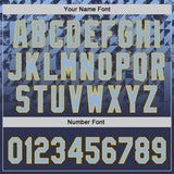 Custom Navy Light Blue-Gold Gradient Geometric Grid Sleeve Stripes Two-Button Unisex Softball Jersey