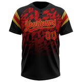 Custom Black Red-Old Gold Gradient Geometric Grid Sleeve Stripes Two-Button Unisex Softball Jersey