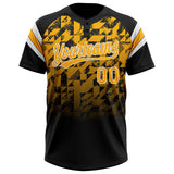 Custom Black Gold-White Gradient Geometric Grid Sleeve Stripes Two-Button Unisex Softball Jersey