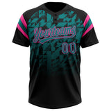 Custom Black Teal-Pink Gradient Geometric Grid Sleeve Stripes Two-Button Unisex Softball Jersey