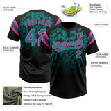 Custom Black Teal-Pink Gradient Geometric Grid Sleeve Stripes Two-Button Unisex Softball Jersey