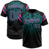 Custom Black Teal-Pink Gradient Geometric Grid Sleeve Stripes Two-Button Unisex Softball Jersey