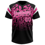Custom Black Pink-White Gradient Geometric Grid Sleeve Stripes Two-Button Unisex Softball Jersey