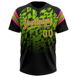 Custom Black Neon Green-Pink Gradient Geometric Grid Sleeve Stripes Two-Button Unisex Softball Jersey