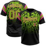 Custom Black Neon Green-Pink Gradient Geometric Grid Sleeve Stripes Two-Button Unisex Softball Jersey