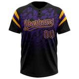 Custom Black Purple-Gold Gradient Geometric Grid Sleeve Stripes Two-Button Unisex Softball Jersey