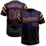 Custom Black Purple-Gold Gradient Geometric Grid Sleeve Stripes Two-Button Unisex Softball Jersey
