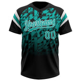 Custom Black Aqua-White Gradient Geometric Grid Sleeve Stripes Two-Button Unisex Softball Jersey