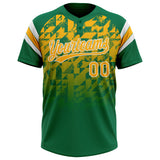 Custom Kelly Green Gold-White Gradient Geometric Grid Sleeve Stripes Two-Button Unisex Softball Jersey