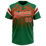 Custom Kelly Green Orange-White Gradient Geometric Grid Sleeve Stripes Two-Button Unisex Softball Jersey