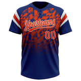 Custom Royal Orange-White Gradient Geometric Grid Sleeve Stripes Two-Button Unisex Softball Jersey