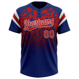 Custom Royal Red-White Gradient Geometric Grid Sleeve Stripes Two-Button Unisex Softball Jersey